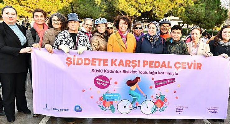 İzmirli kadınlar şiddete karşı farkındalık için pedal çevirdi